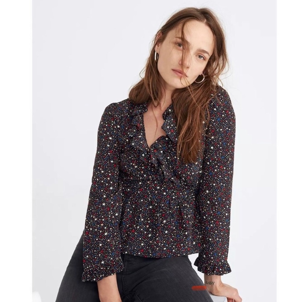 MADEWELL Silk Ruffle Hem Wrap Top in Starry Night Size Small